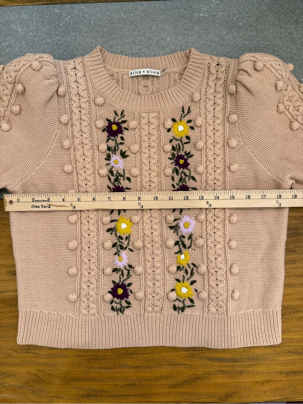 Alice + Olivia Enid Floral Embroidered Puff Sleeve Wool Blend Sweater Large - Picture 6 of 11